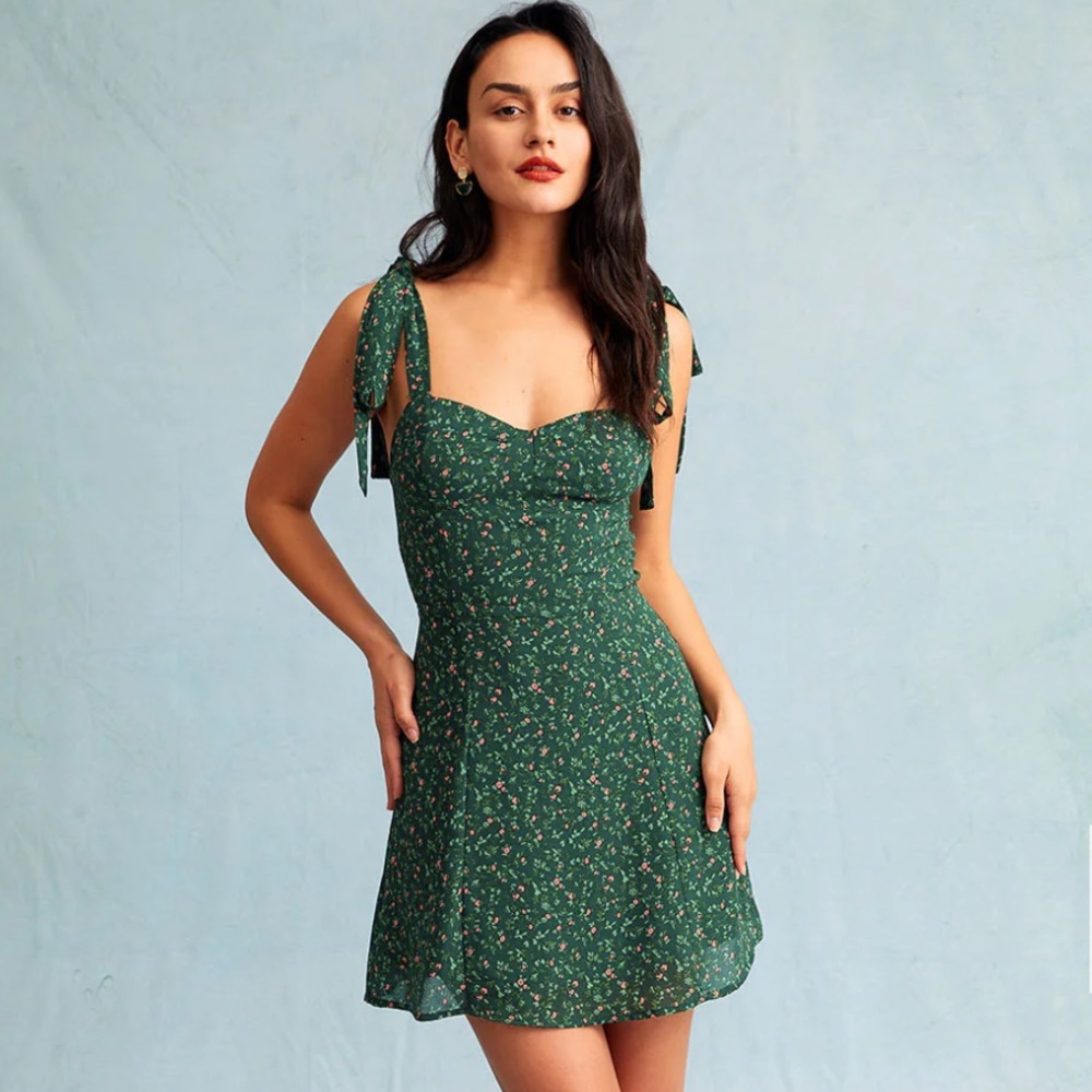 Rihoas Green Sweetheart Neck Floral Slip Mini Dress